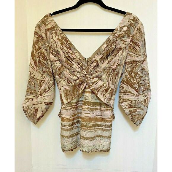 BCBG MaxAzria Silk Top Tan Prairie Tieback Print S - Picture 5 of 7